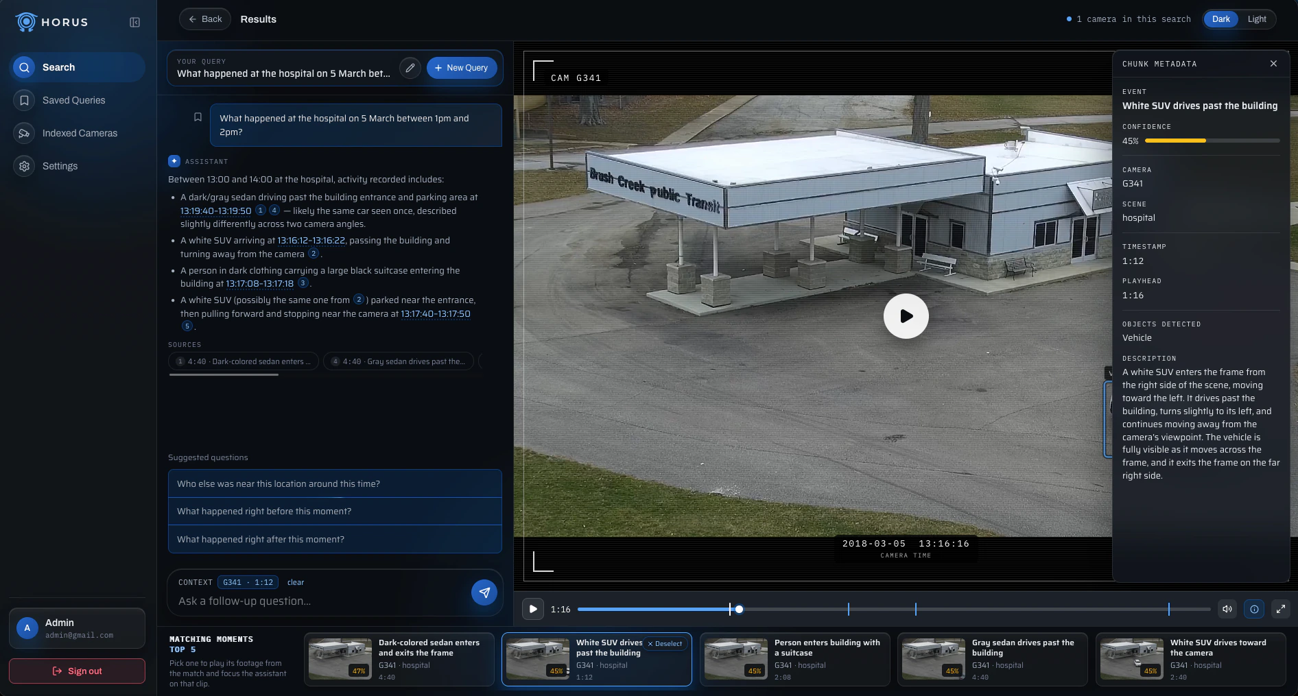 An answer about the hospital between 13:00 and 14:00 with timed, cited bullet points, next to footage from camera G341, with the chunk metadata panel open on the right showing the event, its confidence, camera, scene, time and description.